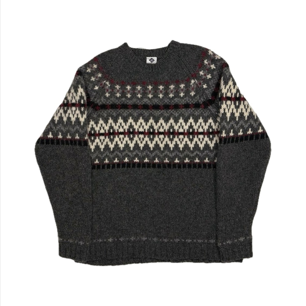 Vtg Columbia Shetland wool grey red fair isle knit crewneck sweater mens small